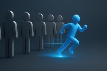 Blue figure runs ahead of gray silhouettes, symbolizing progress and determination in minimalist design
