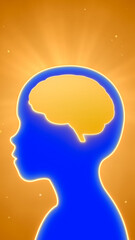 Kid with golden smart brain background, children study growth critical thinking concept, deep learning education development in young child, high Intelligence idea and creativity 3d illustration