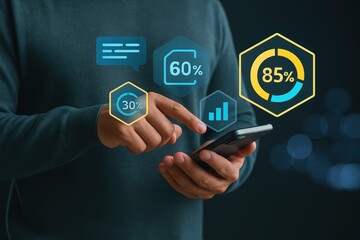 Smartphone data interaction modern office digital insights urban environment close-up view technology trends for business growth