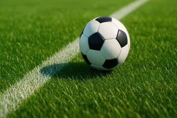 Fototapeta premium Close up view of soccer ball resting on vibrant green grass, showcasing ball classic black and white pattern against lush field