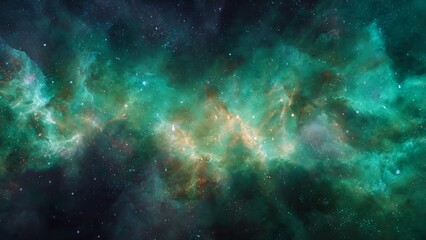 Deep space nebula with glowing green and gold cosmic gas clouds and numerous small stars