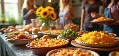 Friends gather for potluck dinner party at home. Long festive table full of various homemade dishes, food. People enjoy buffet style meal sharing delicious plates. Sunflowers decorate warm happy
