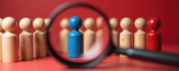 Wooden figures stand on red. Magnifying glass focuses blue person, represents HR job recruiter team choice. Hiring manager considers candidates, assesses best talent for company. Recruitment process,