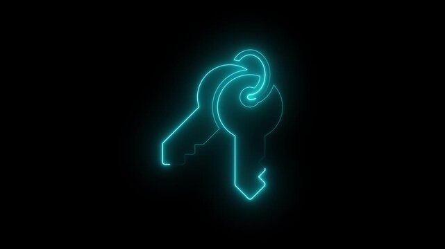 Futuristic neon glowing key symbol placed over a digital card on a black background. Perfect concept for data protection, cyber security, password access, encryption.neon key icon .key icons 4K video