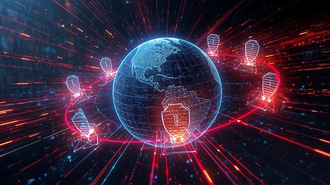 Digital Globe Connecting Through Circuits and Data Streams with Red Energy Flow