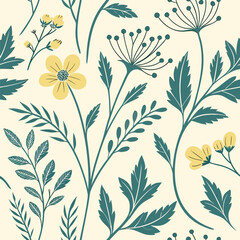 Delicate Yellow Flowers and Teal Green Leaves Seamless Pattern Botanical Design
