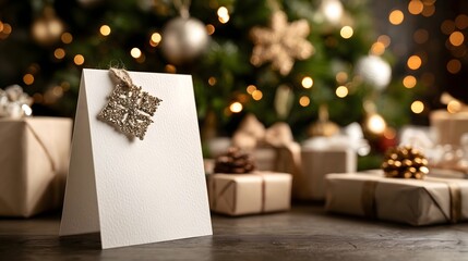 Simple white folded greeting card with holiday decorations in the background near presents