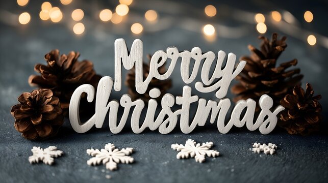 Merry Christmas decor in Scandinavian hygge style with pine cones and snowflakes