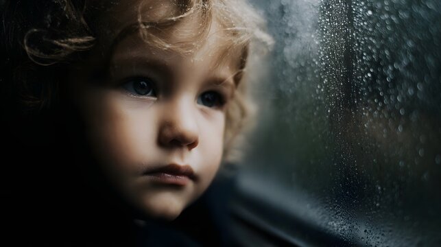 A young child with curly hair looks thoughtfully out a window covered in raindrops conveying a pensive and melancholic mood