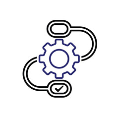 workflow icon. automated management. flow chart with gears in the middle of the path. trigger node, data tool, technology. Outline design style