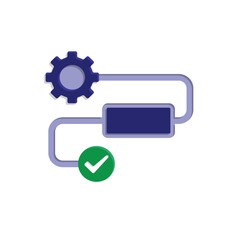 workflow icon. automated management. gear with rectangle on track and check mark. trigger node, data tool, technology. isometric design style