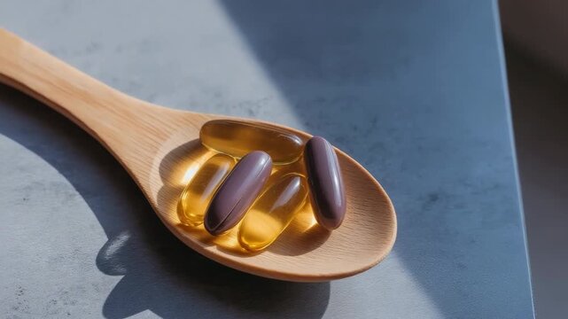 A spoonful of vitamins is on a table. The spoon is wooden and the vitamins are in a row