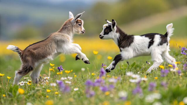 Two playful baby goats frolicking in a vibrant meadow filled with colorful wildflowers, enjoying a sunny day in the countryside