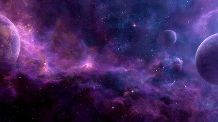 Fototapeta premium Vibrant purple and blue nebula with planets and stars vast cosmic space
