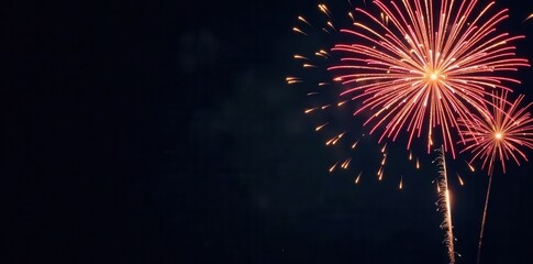 Black background, vibrant firework bursts, celebratory New Year's Eve theme , party, dark