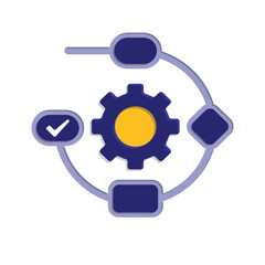 workflow icon. automated management. gears surrounded by flow chart symbols. trigger node, data tool, technology. isometric design style