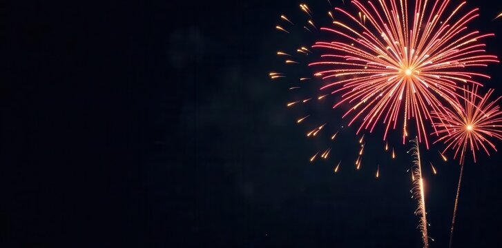 Black background, vibrant firework bursts, celebratory New Year's Eve theme , party, dark