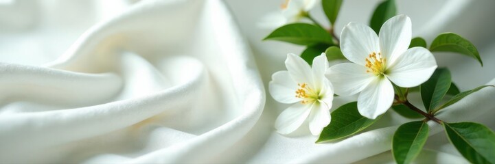 Obraz premium Draped white cloth, adorned with pristine white blooms & vibrant green foliage Soft, tranquil aesthetic , soft, wedding, art