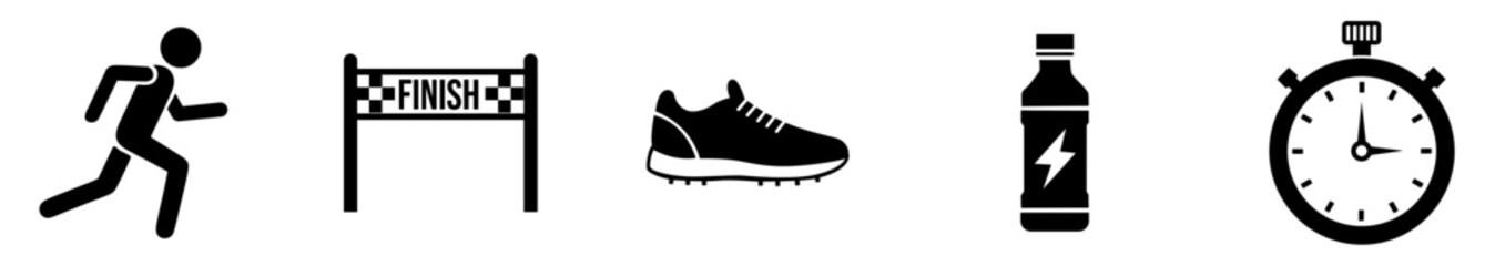 Running icons marathon runner, finish line, running shoe, energy drink, and stopwatch