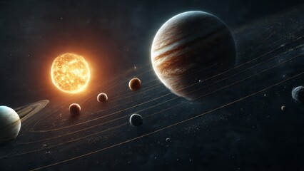 Sun and planets in orbit cosmic solar system illustration with rings and nebulae
