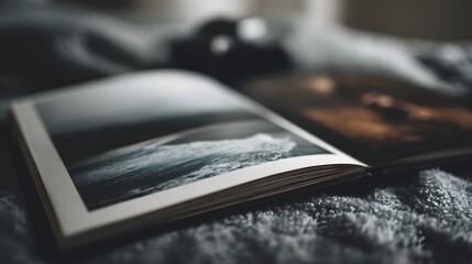 An open photo album displays a striking black and white wave photograph on a textured dark gray surface evoking a sense of calm reflection