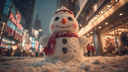 Snowman stands cheerfully in the festive atmosphere of Christmas in Times Square, New York City, surrounded by lights and snow