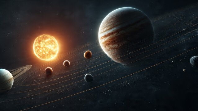 Sun and planets in orbit cosmic solar system illustration with rings and nebulae