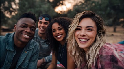 A diverse group of friends laughing joyfully together at an outdoor picnic