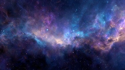Fototapeta premium Vast cosmic nebula with swirling colors of blue purple and gold dotted with countless bright stars