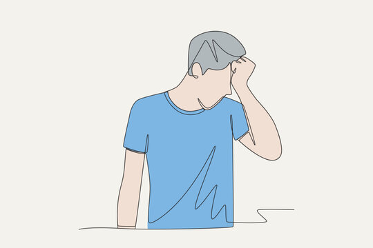 Colored a sad man. Blue monday concept one-line drawing