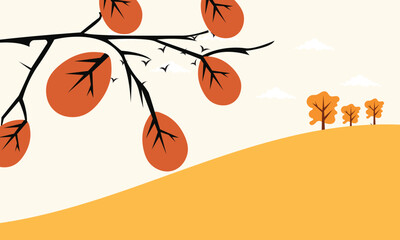 Autumn Landscape with Rolling Hills web banner. Minimalist vector illustration showing autumn scenery with rolling  hills, colorful trees, and a calm evening sky for seasonal backgrounds. 

