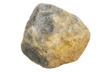 Fototapeta premium High-resolution image of a natural rare earth mineral rock isolated on a transparent background. The raw stone features intricate textures, metallic luster, and earthy tones of gray, gold, and white. 