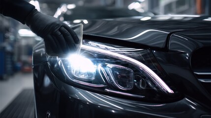 Car detailer cleaning headlight in garage