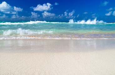 Beach and tropical sea. Beautiful sand beach. Blue sky