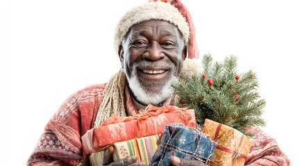 Fototapeta premium Smiling Black Santa joyfully holding Christmas tree and wrapped gifts during festive celebration