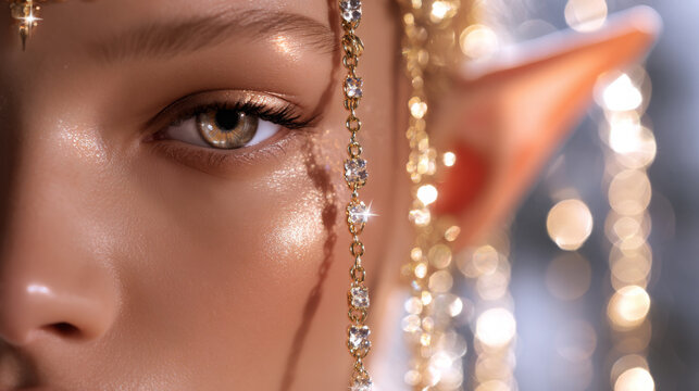 Enigmatic elf woman with shimmering skin and intricate jewelry, gazing intensely, surrounded by a dreamy, ethereal atmosphere filled with soft bokeh lights and sparkling reflections