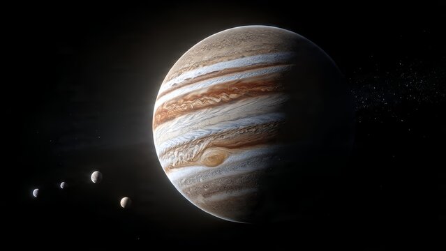 Jupiter and its moons in the vast expanse of outer space displaying detailed atmospheric bands and the Great Red Spot - Powered by Adobe
