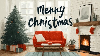 Merry Christmas card featuring a cozy living room with a tree and fireplace decorations