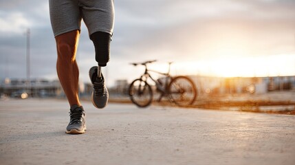 Man running with prosthetic leg near bicycle at sunset outdoors