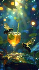 Two Bees Enjoying a Golden Drink in a Magical Forest