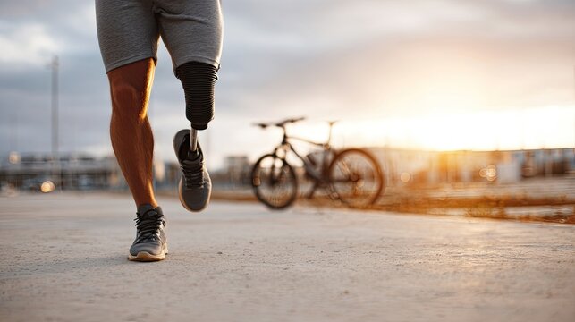 Man running with prosthetic leg near bicycle at sunset outdoors  