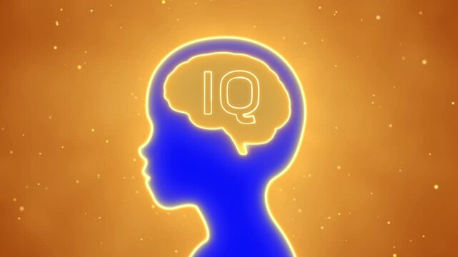 Kid with IQ glowing gold brain background, children study idea concept, Intelligence and creativity learning in smart education, Critical thinking process, inspiration child head for design animation