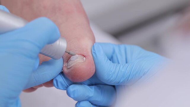 Manicure treatment on toenail with blue gloves and electric nail file, sealing with gel polish titanium bracket.