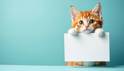 Orange tabby kitten peeks behind a blank white card on a light blue background. Adorable cat holds a paper with space for text. Photo perfect for announcement or promotion.
