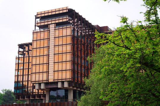 Former La Royale Belge headquarters by Rene Stapels and Pierre Dufau architects architectural detail, hotel Mix Brussels on May 21, 2025 in Brussels, Belgium.