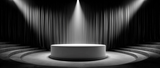 Inauguration stage featuring glowing white podium with empty backdrop curtain illuminated by spotlights, ideal for text, branding, or future logo placement