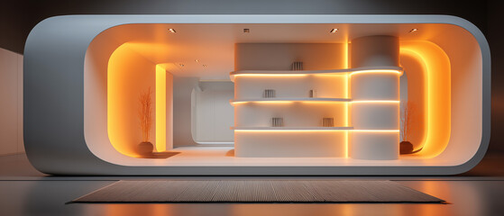 Minimal premium trade booth interior with glowing white shelves, warm ambient lighting, luxury carpet flooring, and clean top wall for logos or text placement