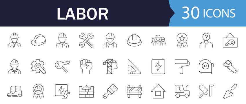 Labor line editable icon set. Featuring construction linear vector icons, including labor day, renovation, repair, work tools, materials, workers, building, business and industry concepts.