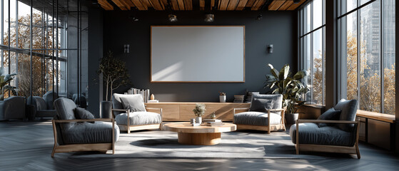 Modern startup pitch deck presentation displayed on large digital screen in conference room with copy space on the right for text or branding