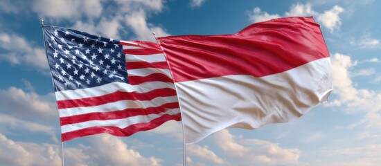 Obraz premium Flags of the United States and Indonesia waving against a blue sky with clouds